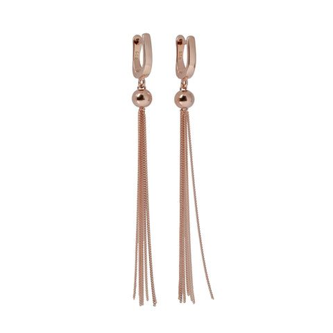 1. MyaMoon Mya Friday Night Earrings in rose gold with delicate ball and fine chains, featuring classic English lock, studio shot