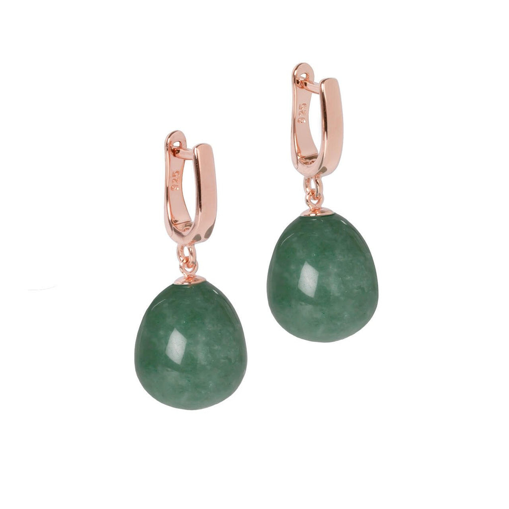 2. MyaMoon rose gold aventurine earrings with teardrop green stone and English lock on white background