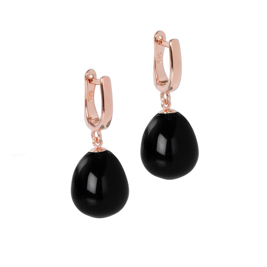 2. MyaMoon rose gold teardrop onyx earrings with English lock on white background