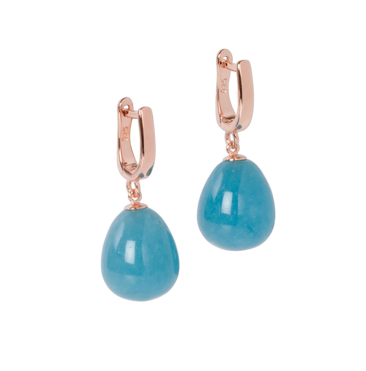 2. Pair of MyaMoon aquamarine teardrop earrings with rose gold plating and English lock, highlighting natural gemstone on white background