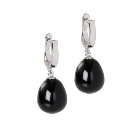1. MyaMoon silver teardrop onyx earrings with English lock on white background