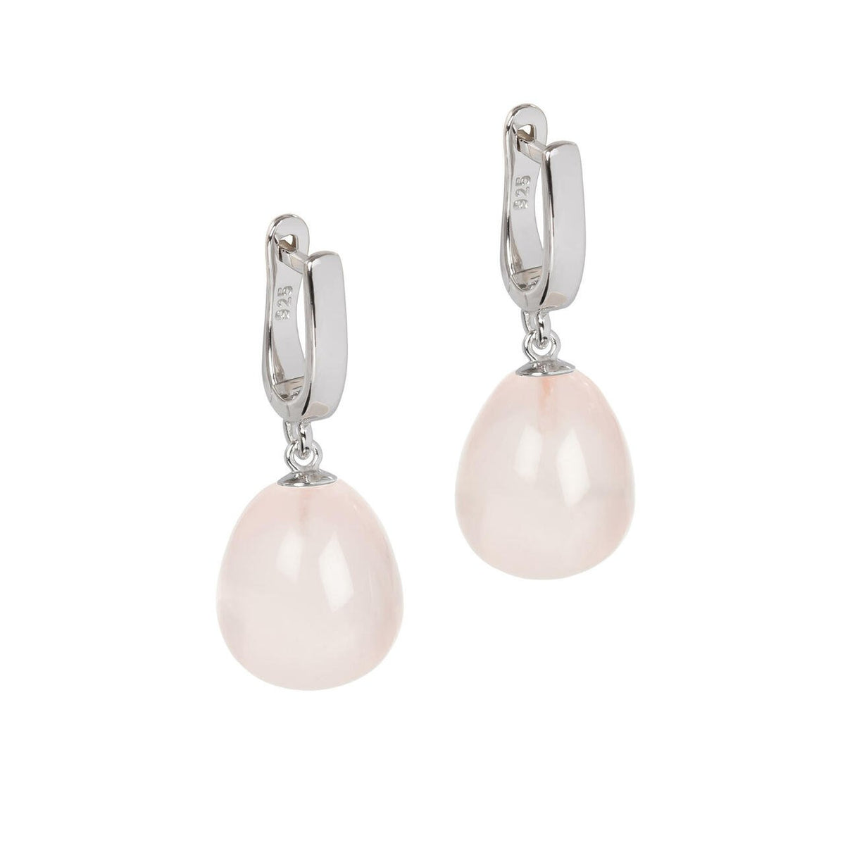 2. Silver-plated teardrop rose quartz earrings with English lock on white background
