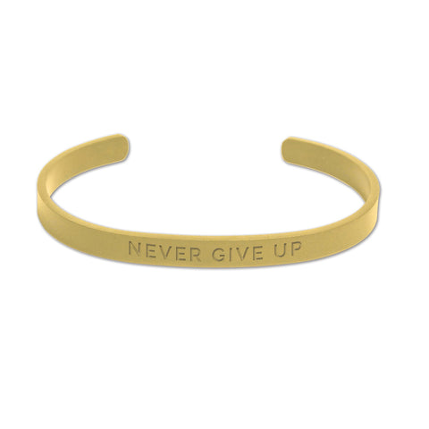 1. Men's gold 'Never Give Up' bracelet by Olla, featuring deep engraving on polished stainless metal, studio shot