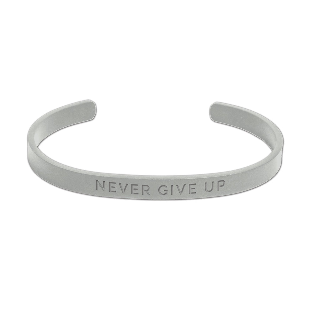 2. Men's silver 'Never Give Up' bracelet by Olla, crafted from polished stainless metal, studio shot