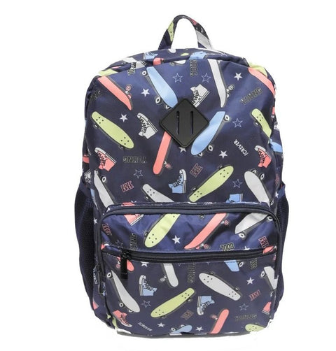 1. Nabo School Bag NK2196 in blue with skateboard and sneaker pattern, featuring large zippered compartment, two external pockets, and side mesh pockets, shown in studio setting