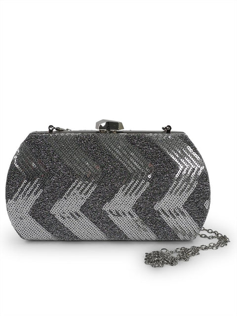1. Nabo Evening Bag NK 2231 in silver with shiny sequin pattern and removable chain strap, shown in studio