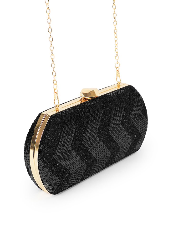2. Side view of Nabo Evening Bag NK 2231 in black, featuring gold-colored metal parts and removable chain strap