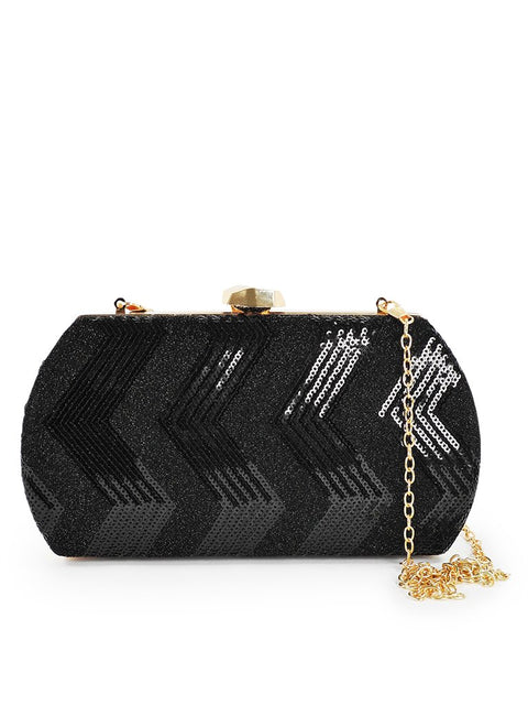 1. Nabo Evening Bag NK 2231 in black with shiny sequin pattern and gold chain strap, shown in studio setting