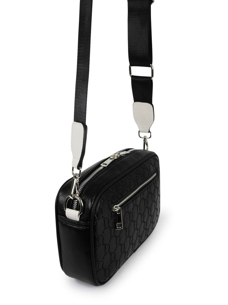 2. Side view of Nabo NK 2248 black shoulder bag with adjustable strap and back zipper pocket