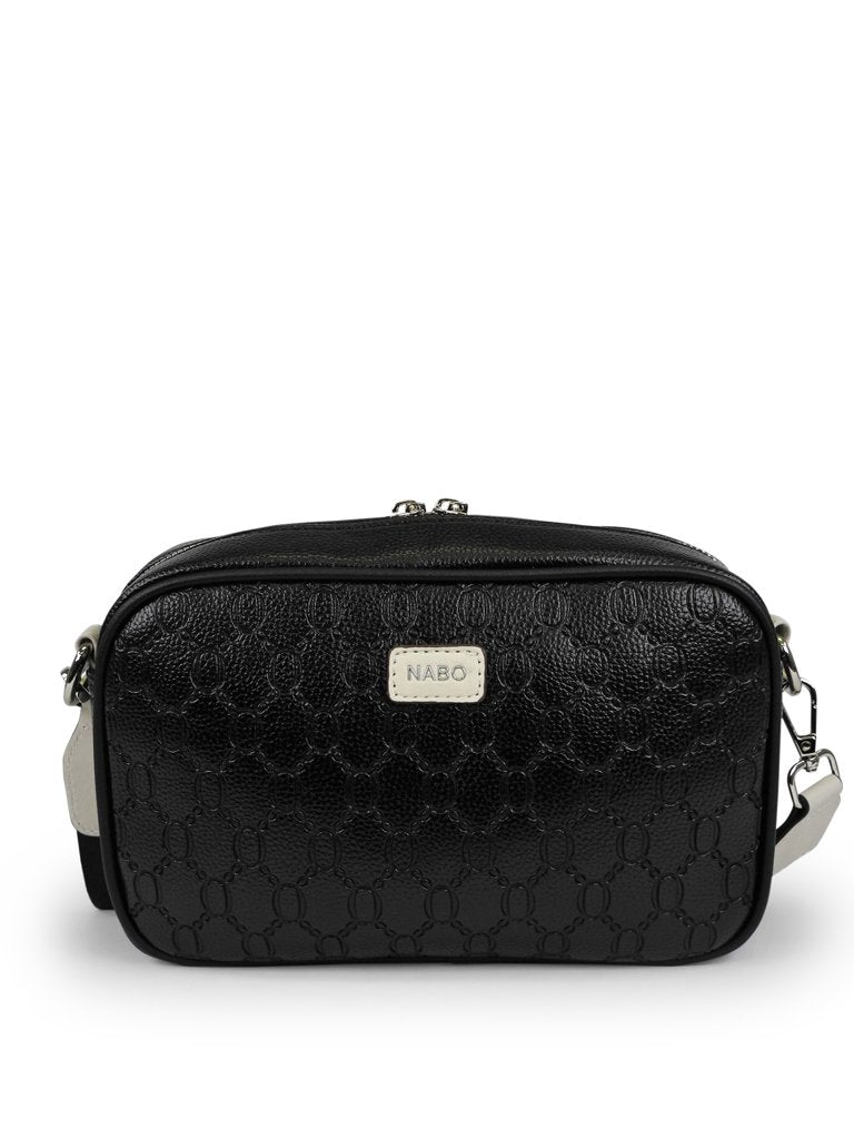 1. Nabo NK 2248 black textured synthetic shoulder bag with logo, front view showing compact camera bag-style design