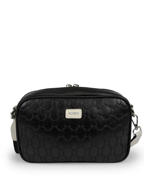 1. Nabo NK 2248 black textured synthetic shoulder bag with logo, front view showing compact camera bag-style design