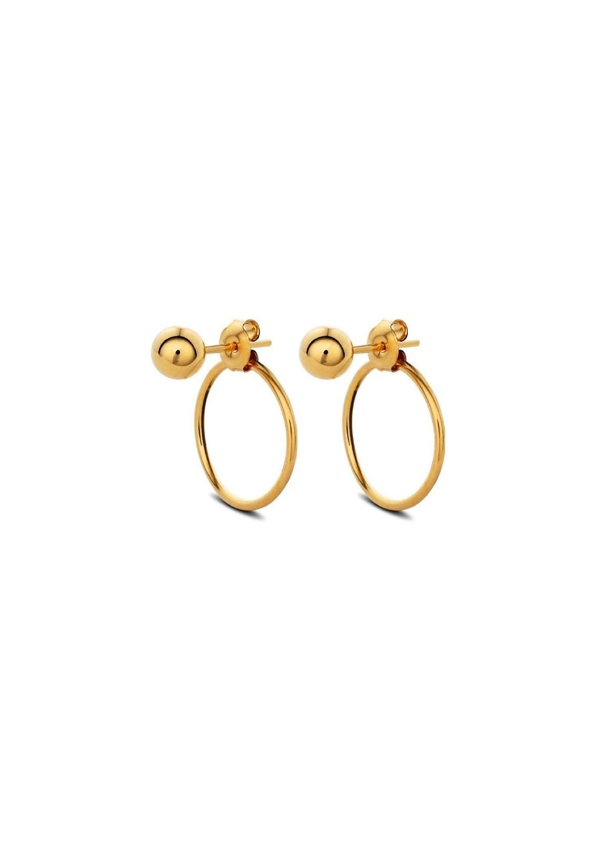 2. Studio image of NO MORE Chord Earrings in gold, featuring front-facing ball and circle design with push-back clasps