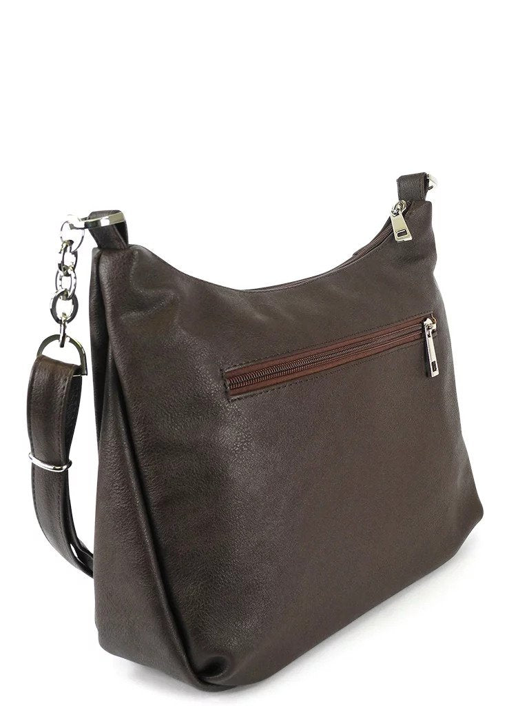 4. Back view of Nabo Shoulder Bag L2371 in dark brown showing zippered back pocket, studio shot