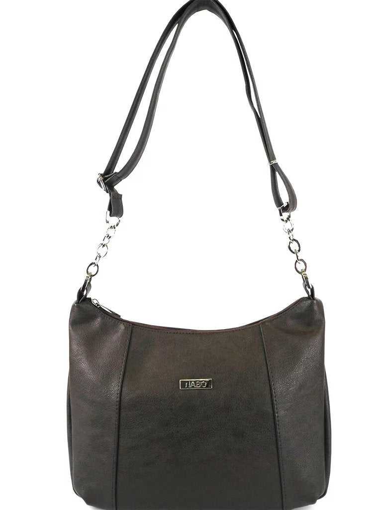 1. Nabo Shoulder Bag L2371 in dark brown with adjustable strap and metal chain detail, studio shot