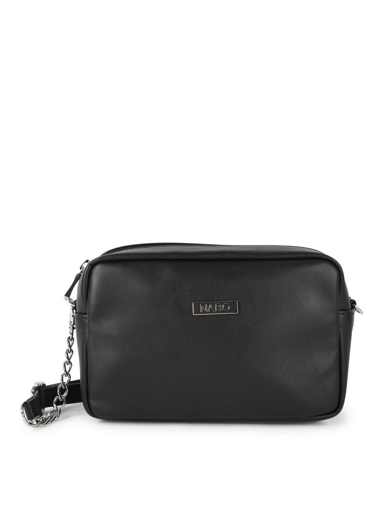1. Nabo Shoulder Bag L 2529 in black synthetic material with silver chain detail, front view in studio setting