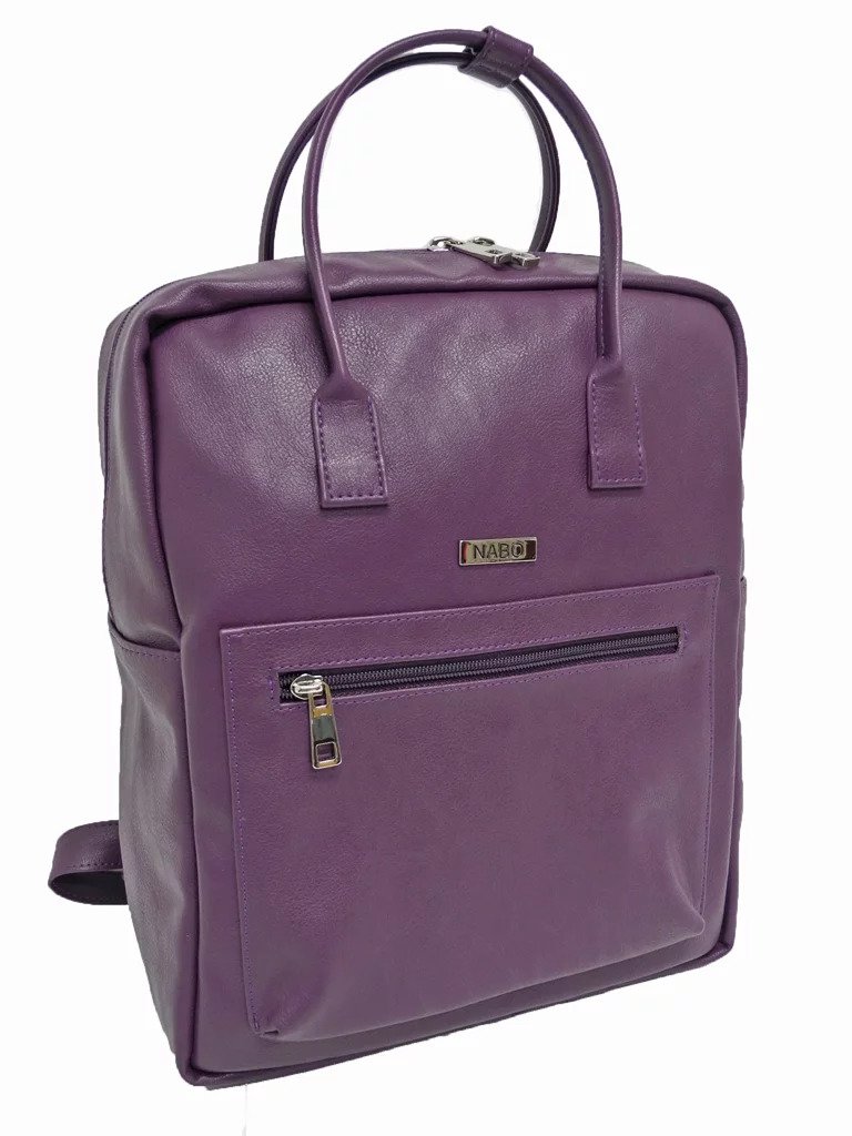 3. Nabo City Backpack L2369 in purple synthetic material with front zipper pocket and dual carry handles, studio view