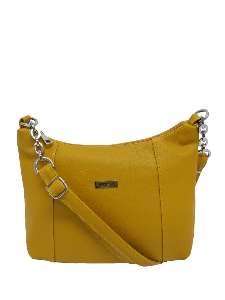 3. Nabo Shoulder Bag L2371 in mustard yellow with adjustable strap and metal chain detail, studio shot