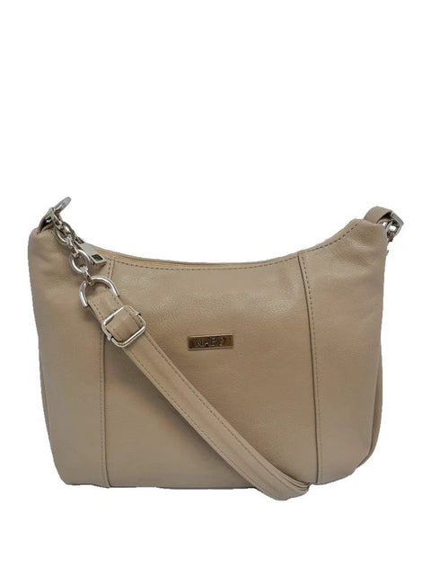 2. Nabo Shoulder Bag L2371 in beige with adjustable strap and metal chain detail, studio shot