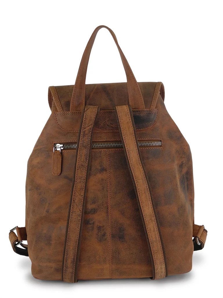 3. Back view of Nabo Leather Backpack NK 1910 in brown, featuring secure back zip pocket and hanging loop