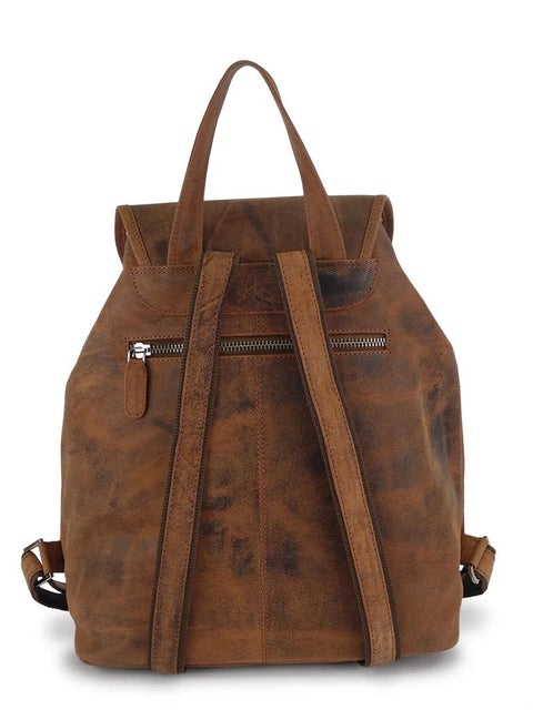 3. Back view of Nabo Leather Backpack NK 1910 in brown, featuring secure back zip pocket and hanging loop