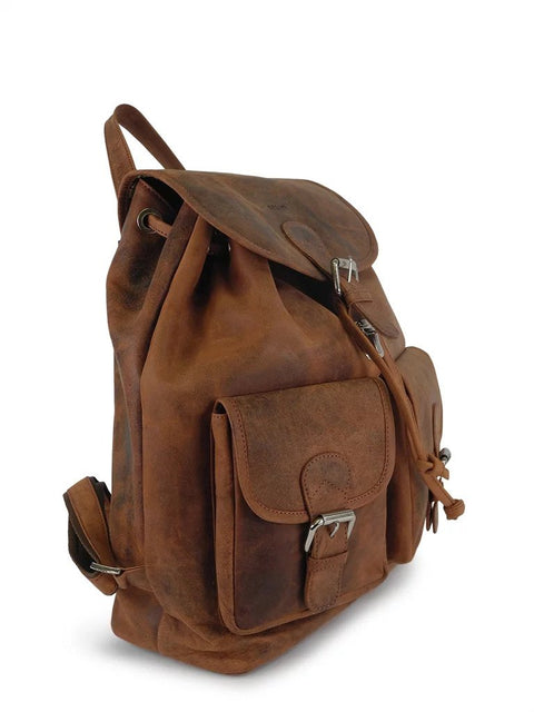 2. Side view of Nabo Leather Backpack NK 1910 in brown, highlighting adjustable straps and genuine leather texture