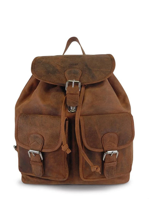 1. Nabo Leather Backpack NK 1910 in brown, front view showing vintage design with two front snap pockets and quick-release buckle