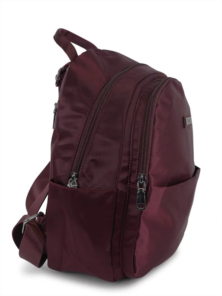 5. Side view of burgundy Nabo Backpack NK 2254 showing side pocket and zippers