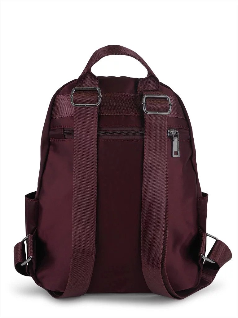 6. Back view of burgundy Nabo Backpack NK 2254 highlighting adjustable straps and back zip pocket