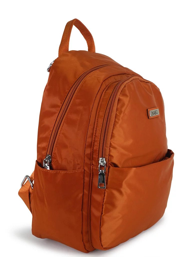 9. Side view of orange Nabo Backpack NK 2254 showing side pocket and zippers