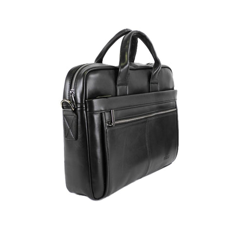 2. Side view of Nabo Leather Briefcase NK 4067 in black, highlighting zippered compartments and handle design