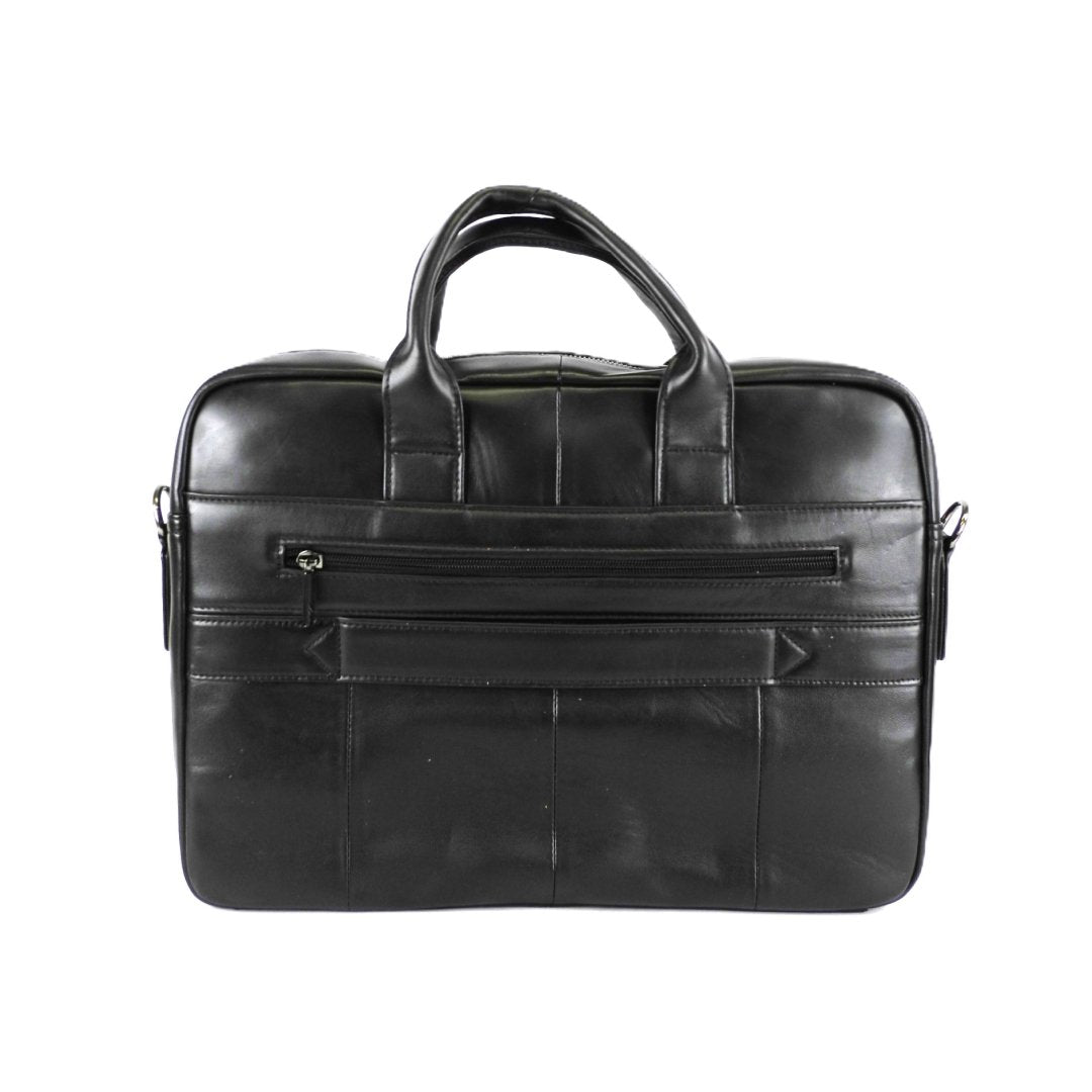 1. Nabo Leather Briefcase NK 4067 in black, front view showing zippered outer pockets and handles