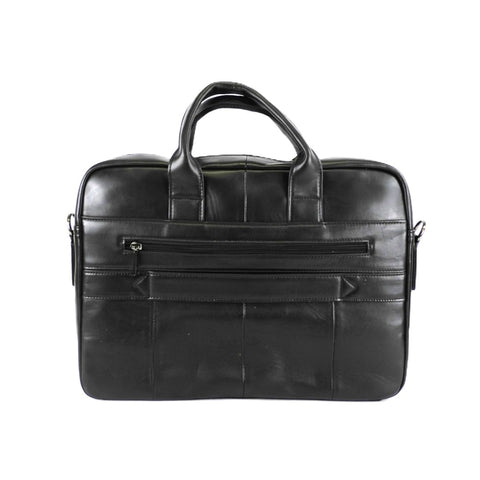 1. Nabo Leather Briefcase NK 4067 in black, front view showing zippered outer pockets and handles