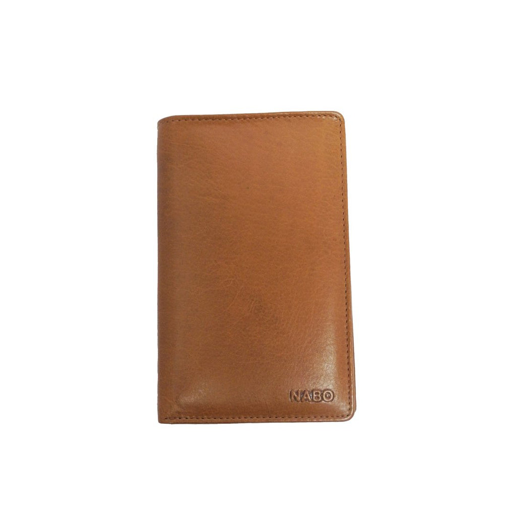 1. Nabo large brown leather wallet NK 252 with embossed logo, shown in studio setting