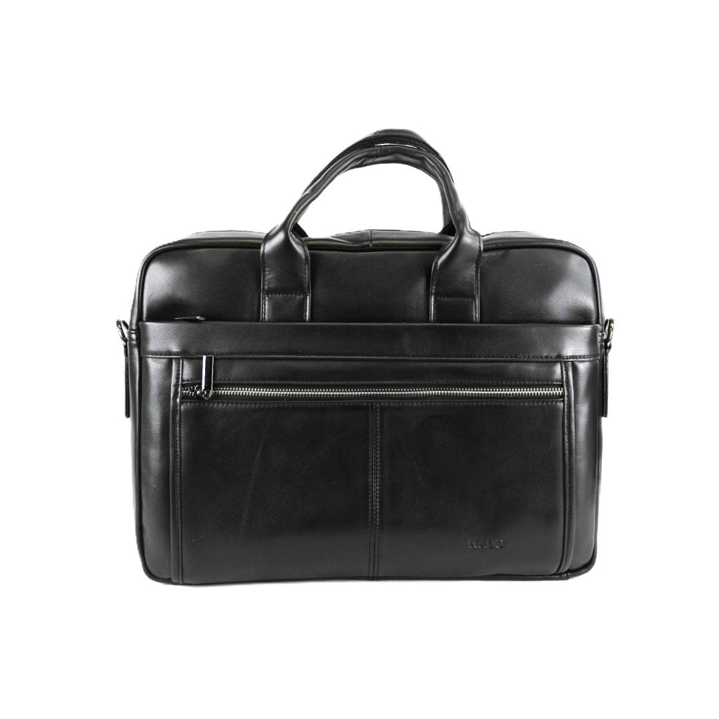 3. Back view of Nabo Leather Briefcase NK 4067 in black, featuring zippered pocket and brand logo