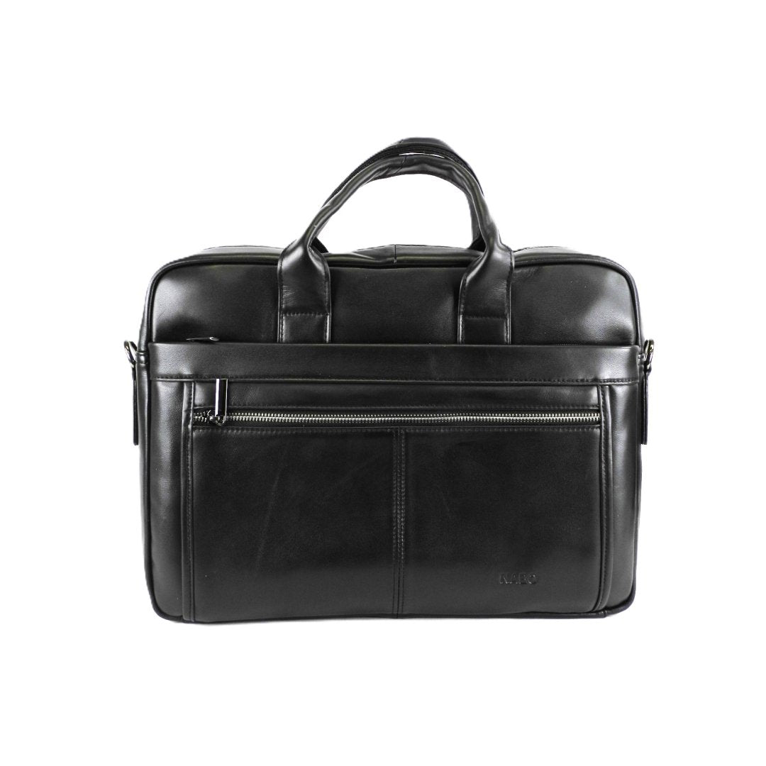 3. Back view of Nabo Leather Briefcase NK 4067 in black, featuring zippered pocket and brand logo