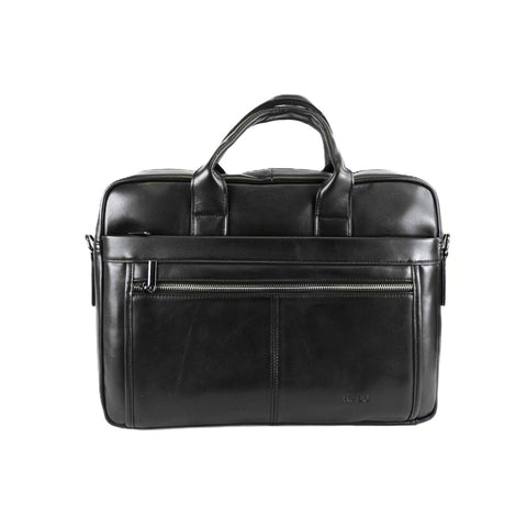 3. Back view of Nabo Leather Briefcase NK 4067 in black, featuring zippered pocket and brand logo