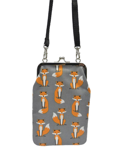 1. Nabo Phone Bag K556 with orange fox pattern on grey fabric, adjustable strap, studio shot