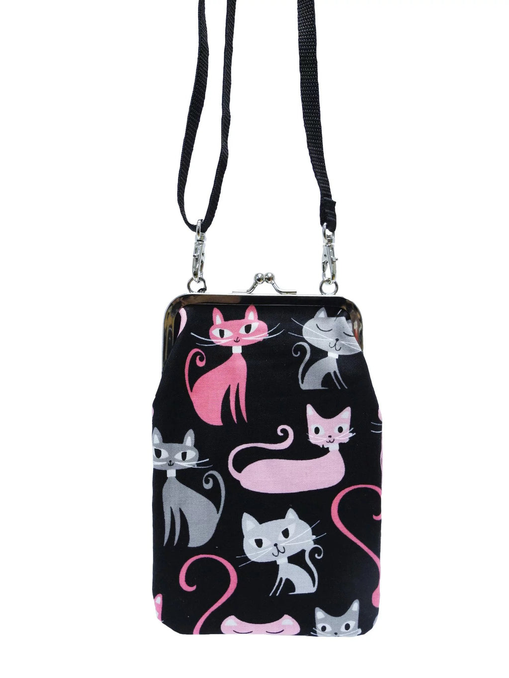 3. Nabo Phone Bag K556 with pink and grey cat pattern on black fabric, adjustable strap, studio shot