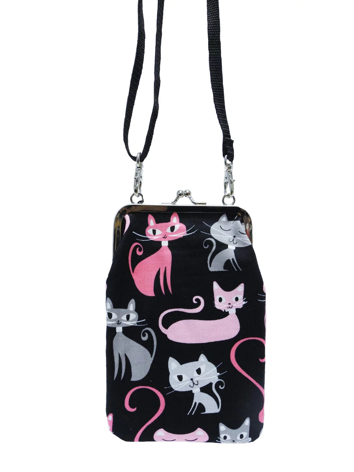 3. Nabo Phone Bag K556 with pink and grey cat pattern on black fabric, adjustable strap, studio shot