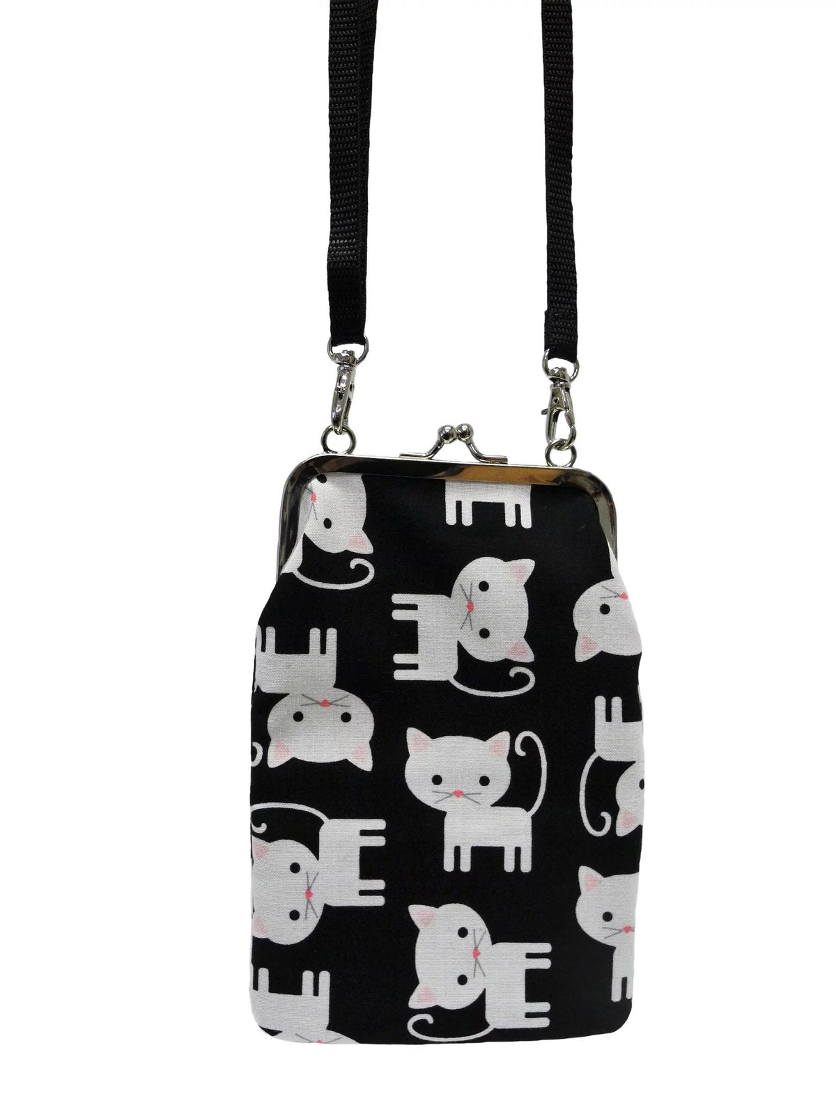 2. Nabo Phone Bag K556 featuring white cat pattern on black fabric, adjustable strap, studio shot