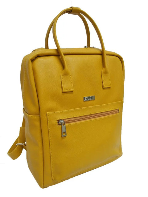 1. Nabo City Backpack L2369 in yellow synthetic material with front zipper pocket and dual carry handles, studio view