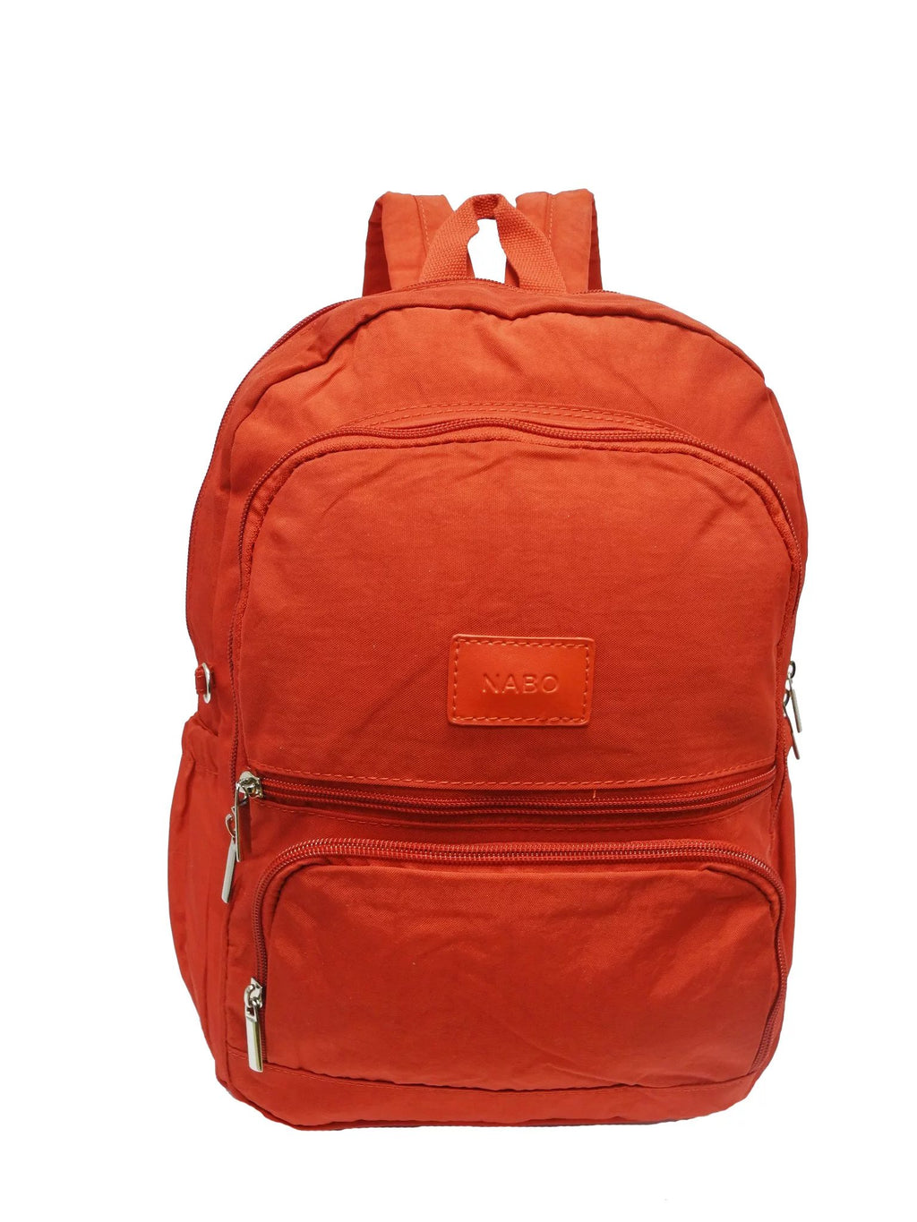 1. Nabo Backpack NK 1977 in red, featuring three front zip pockets and lightweight nylon fabric, studio shot