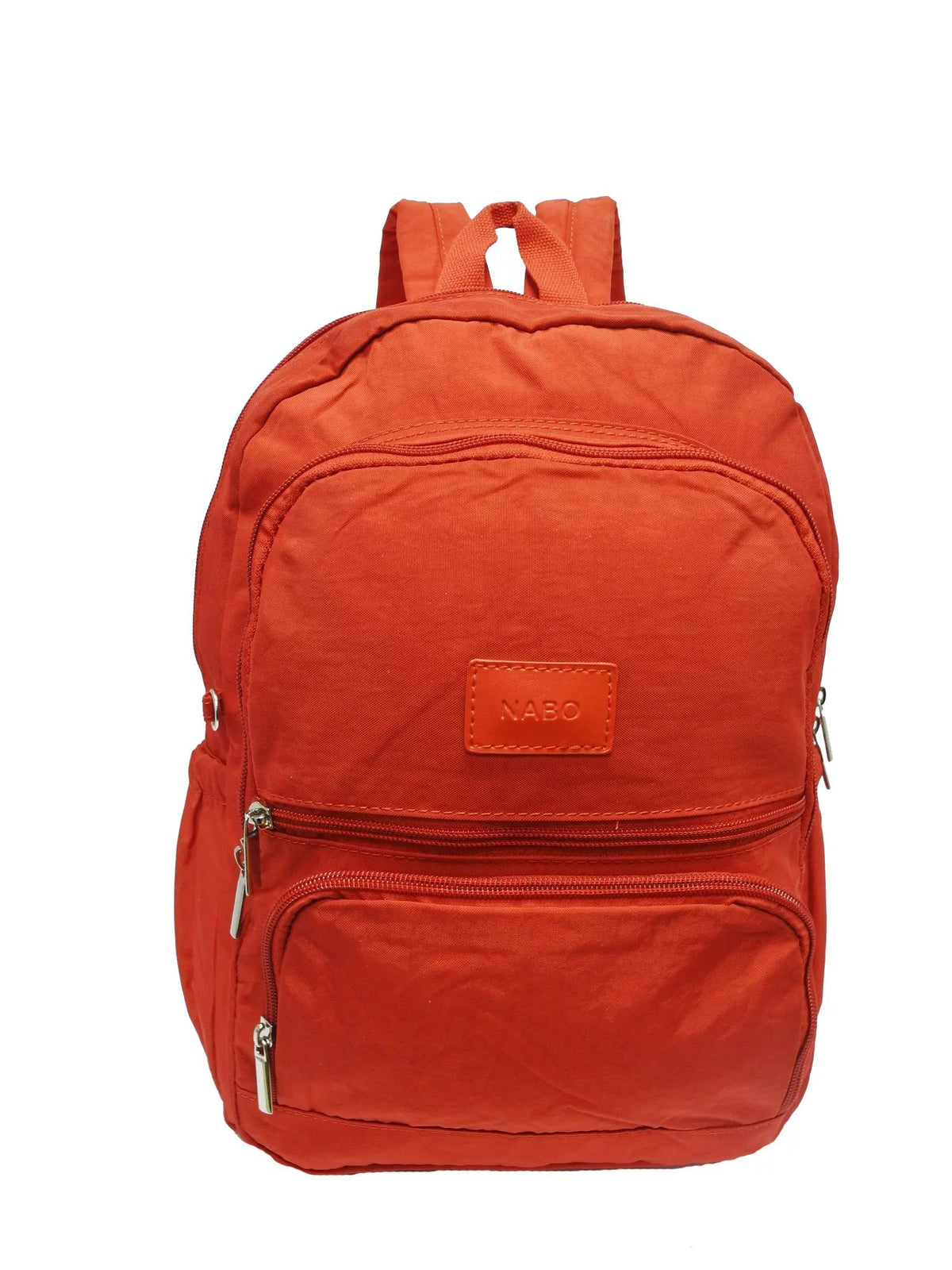 1. Nabo Backpack NK 1977 in red, featuring three front zip pockets and lightweight nylon fabric, studio shot