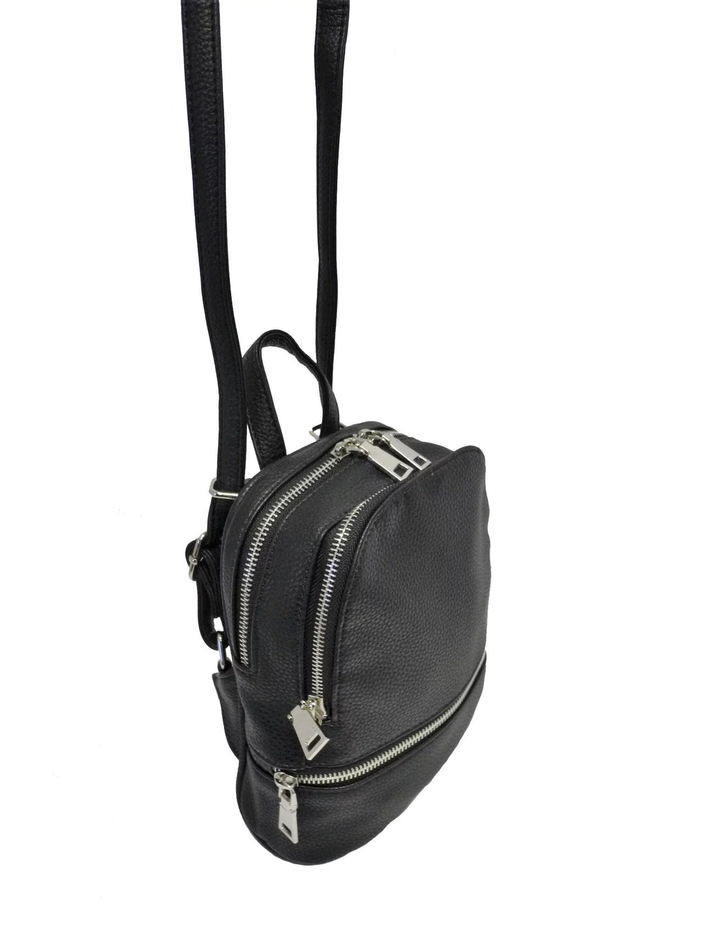 5. Nabo Small Backpack NK 2197 in black, side view showing dual zip compartments and elegant design