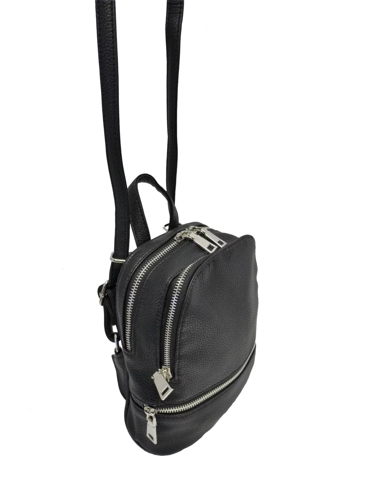 5. Nabo Small Backpack NK 2197 in black, side view showing dual zip compartments and elegant design