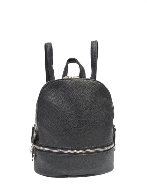 1. Nabo Small Backpack NK 2197 in black, front view showing silver-colored metal zippers and synthetic material