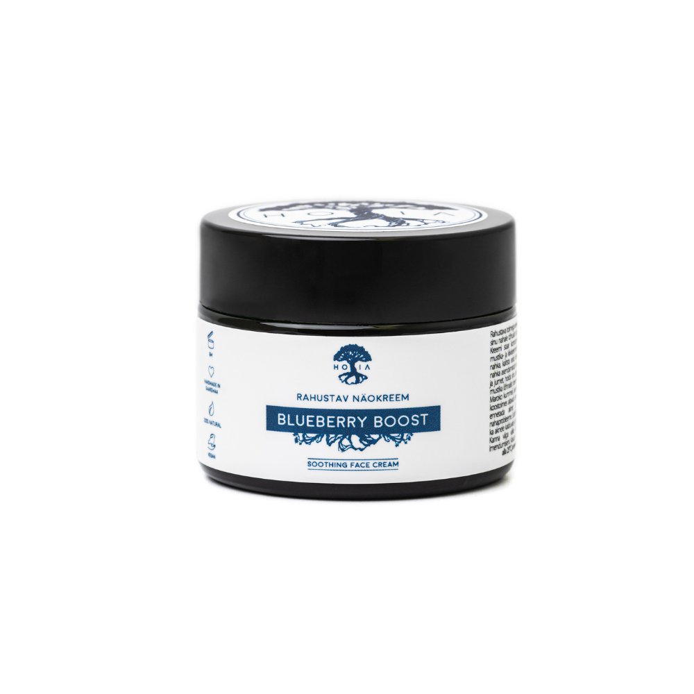 4. Studio shot of HOIA homespa Soothing Face Cream Blueberry Boost jar, showing label and packaging