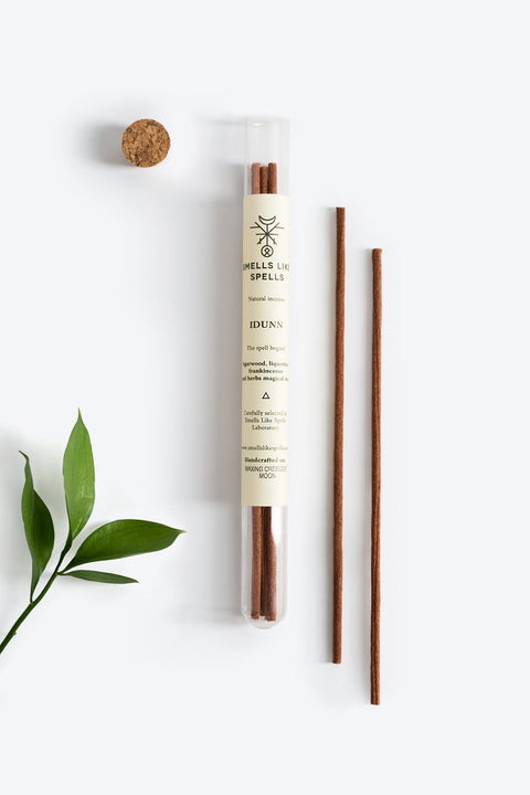 3. Smells Like Spells IDUNN incense sticks in tube with cork and leaf, emphasizing natural composition