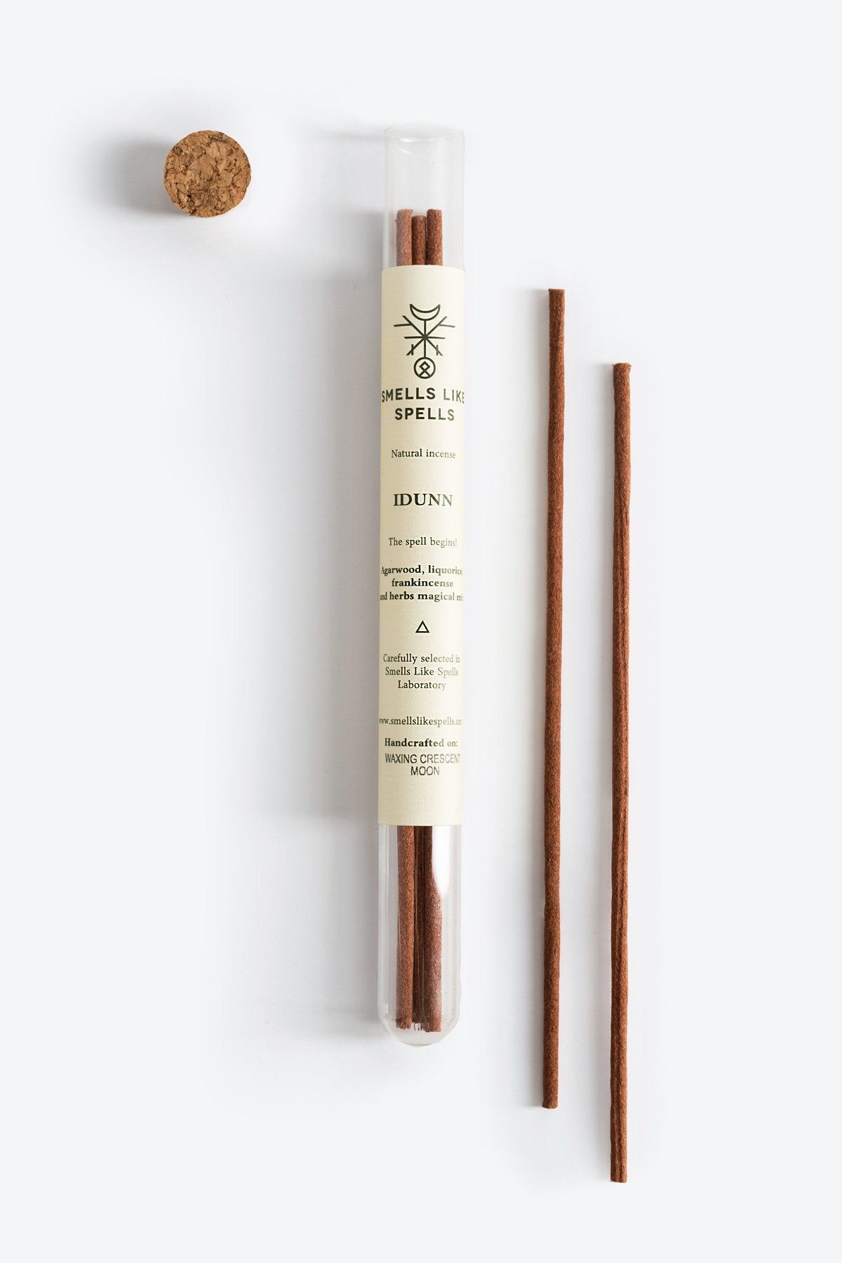 2. Smells Like Spells IDUNN natural incense in clear tube with cork, highlighting plant-based ingredients