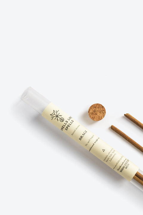 2. Close-up of Smells Like Spells Natural Incense BRAGI packaging with incense sticks and cork lid